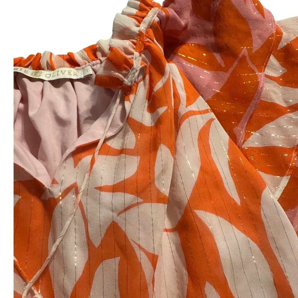 Marie Oliver‎ Women's Ruffle Sleeve Mini Dress Orange Pink Leaf Print Size Large - Picture 4 of 4